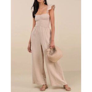 Lulus Daniyah Beige Smocked Flutter Sleeve Wide-Leg Jumpsuit Sz Medium Womens Be